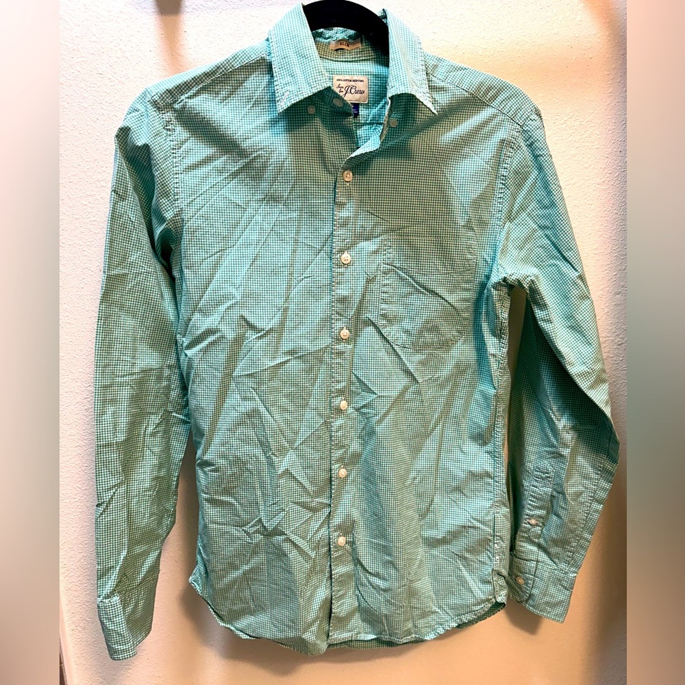 J Crew long sleeve button down - green and white plaid pattern. Size XS slim fit